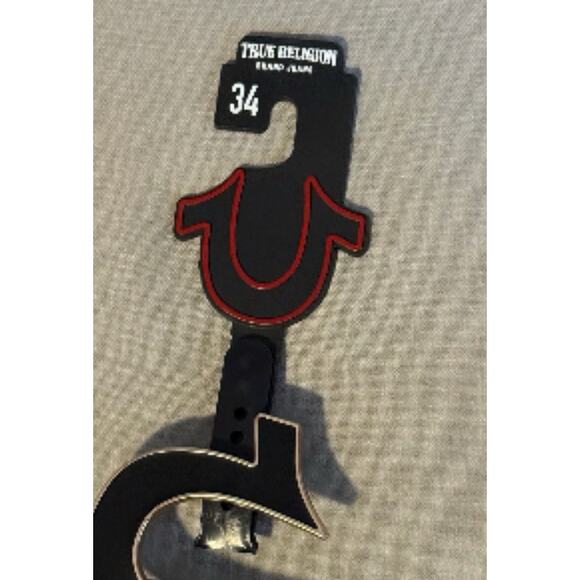 True Religion Mens Belt Size 34 Sage II Enamel Horseshoe Black/Gold Buckle - Picture 4 of 8